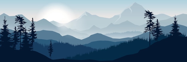 Paisaje montañoso escénico con árboles de coníferas en capas Ilustración vectorial