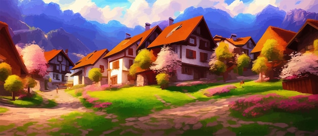 Paisaje montañoso idílico en los Alpes con prados en flor en primavera con pequeñas casas y una carretera