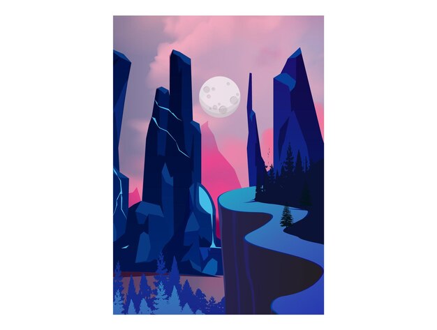 Paisaje montañoso iluminado por la luna con cielo rosado