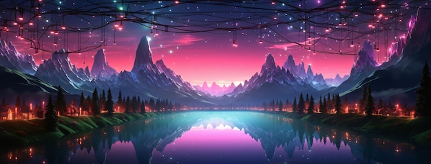 Paisaje montañoso con lago y bosque por la noche Ilustración vectorial