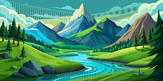 Vector un paisaje montañoso con montañas y árboles