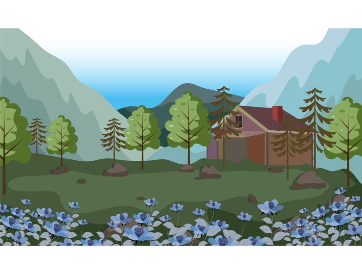 Paisaje montañoso pacífico con casas y flores