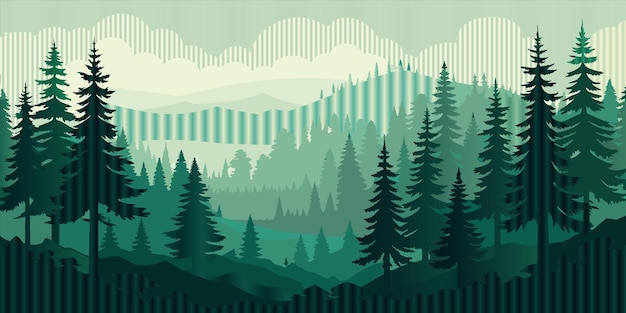 Vector un paisaje montañoso con pinos y montañas