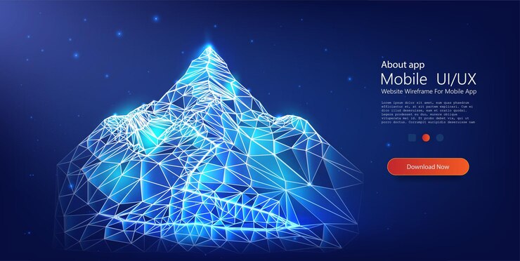 Vector paisaje montañoso poligonal azul etéreo iluminado bajo un cielo celeste estrellado representación vectorial moderna de la naturaleza digital malla monocromática poli baja con líneas y formas de puntos conectados