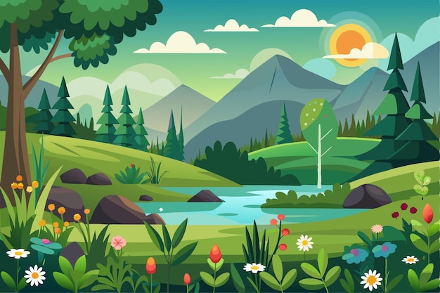 Un paisaje montañoso sereno con un río sinuoso y flores en flor