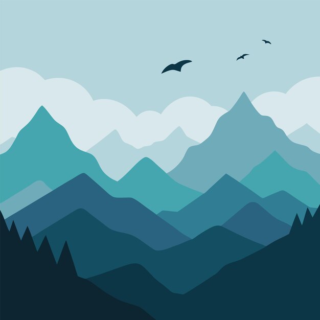 Paisaje montañoso tranquilo con aves en vuelo