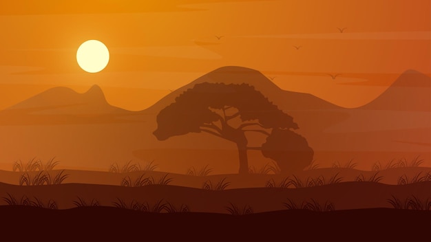 Paisaje natural de África con ilustración plana de animales de silueta