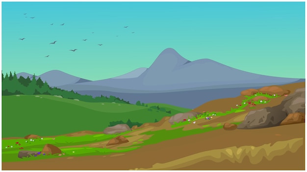 Paisaje natural con área de colinas en la ilustración de vector de belleza natural durante el día