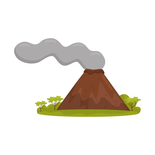 Paisaje natural de Bali con volcán humeante activo hierba verde y árboles Elemento gráfico para cartel o pancarta Diseño de vectores de dibujos animados Ilustración plana colorida aislada sobre fondo blanco