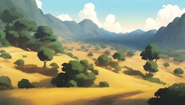 Paisaje natural de colinas y montañas durante el día Ilustración detallada de pintura dibujada a mano