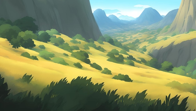 Paisaje natural de colinas y montañas durante el día Ilustración detallada de pintura dibujada a mano