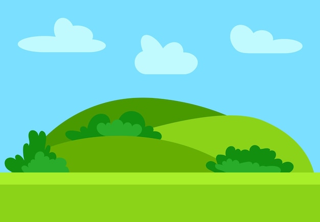 Paisaje natural de dibujos animados en estilo plano con colinas verdes, cielo azul y nubes en un día soleado. Ilustración vectorial
