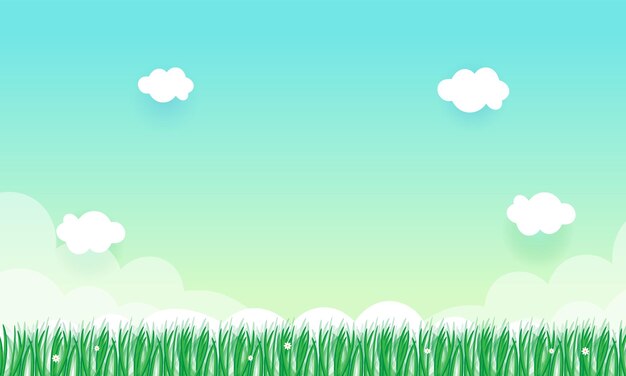 Vector paisaje natural fondo fresco con hierba verde cielo azul con nubes