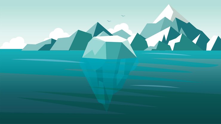 Vector paisaje natural de montañas de hielo flotando en el océano azul en el polo norte