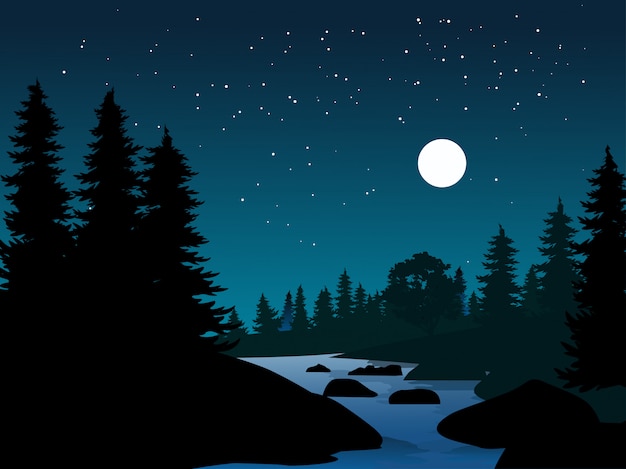 Vector paisaje natural nocturno con río y noche estrellada.