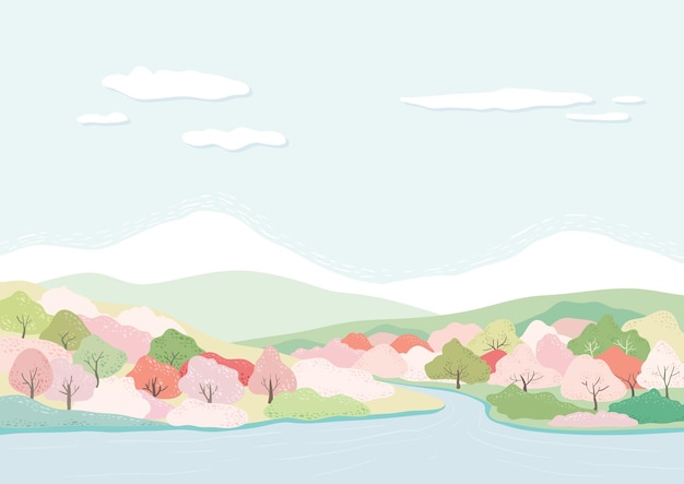 Un paisaje natural de primavera con un río que fluye a través de un campo de primavera lleno de colorida fragancia de primavera