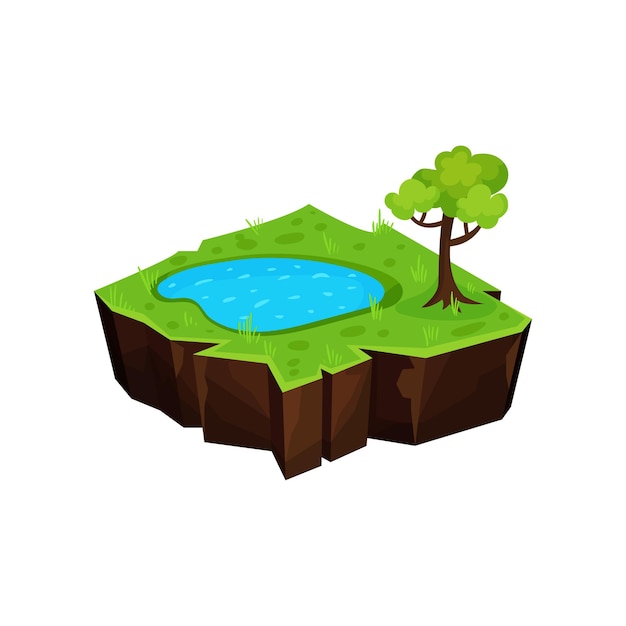 Paisaje natural de verano con estanque isla fantástica para elemento de interfaz de usuario de juego para videojuegos computadora o diseño web vector ilustración