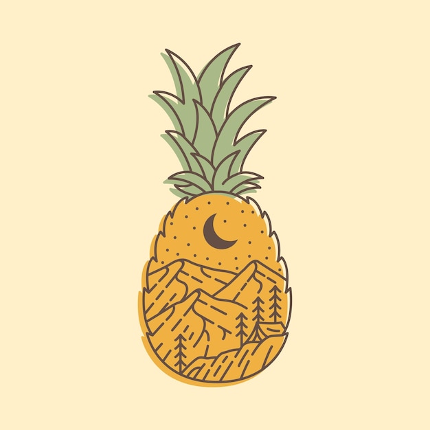 Vector paisaje de la naturaleza dentro del diseño monoline de la fruta de la piña para la ropa