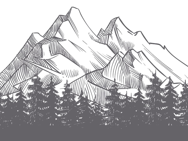 Paisaje de naturaleza dibujada a mano con silueta de montañas y bosques