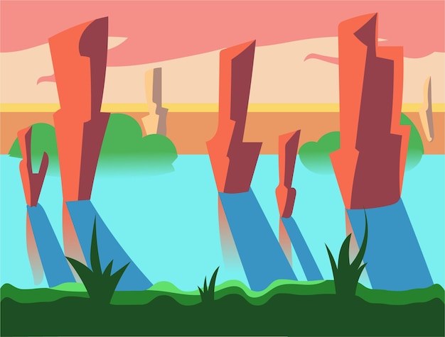 Vector paisaje de naturaleza de dibujos animados sin costuras, fondo interminable con suelo, árboles, montañas y capas de cielo nublado ilustración vectorial