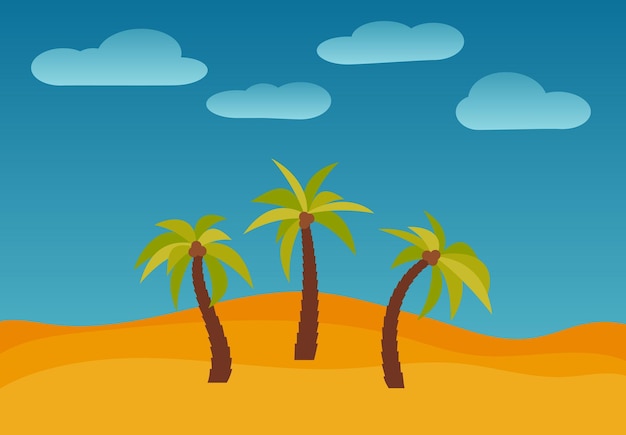 Paisaje de la naturaleza de dibujos animados con tres palmeras en el desierto. Ilustración vectorial.