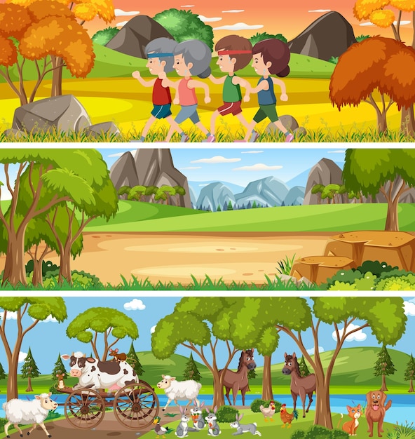 Paisaje de naturaleza diferente en la escena diurna con personaje de dibujos animados