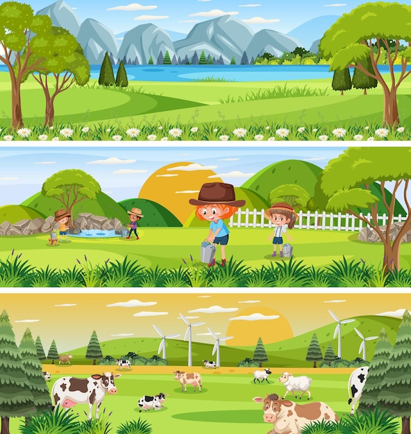 Vector paisaje de naturaleza diferente en la escena diurna con personaje de dibujos animados