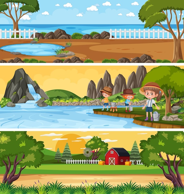 Paisaje de naturaleza diferente en la escena diurna con personaje de dibujos animados