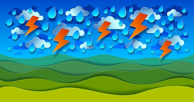 Paisaje de naturaleza escénica de pradera de hierba verde bajo tormenta y relámpagos cielo lluvioso nublado papel de dibujos animados corte ilustración vectorial de estilo moderno.