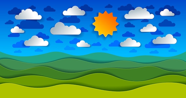 Paisaje de naturaleza escénica de prado de hierba verde y nubes en el cielo papel de dibujos animados corte ilustración de vector de estilo moderno.