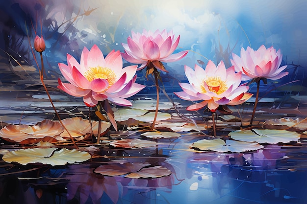 Vector paisaje de la naturaleza flores del lago en flor agua clima soleado de verano diseño de carteles interiores ilustración