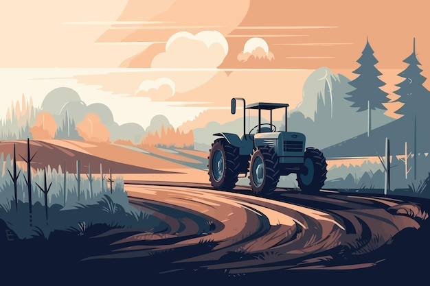 Paisaje de naturaleza y granja campo de cielo de aldea árboles tractor y hierba para diseño de ilustración vectorial de cartel de fondo