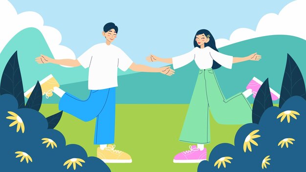 Paisaje de la naturaleza Pareja de amor alegre Amigos abrazados Ilustración vectorial aislada moderna