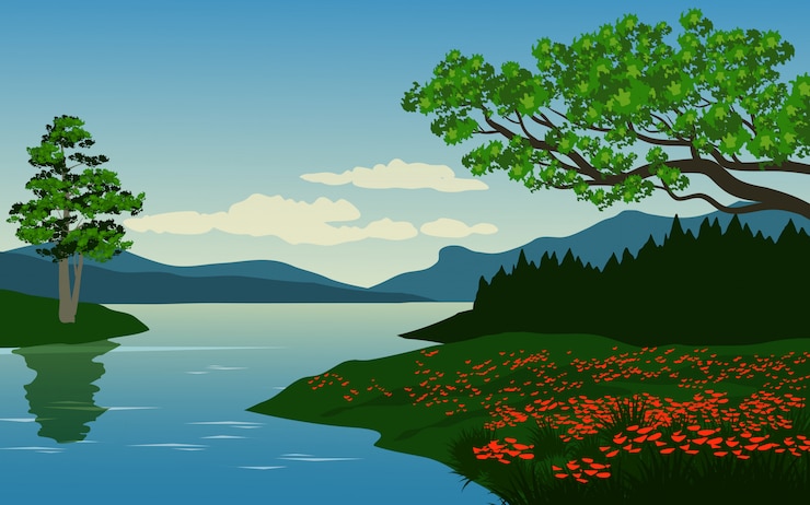 Vector paisaje de naturaleza con río y pradera