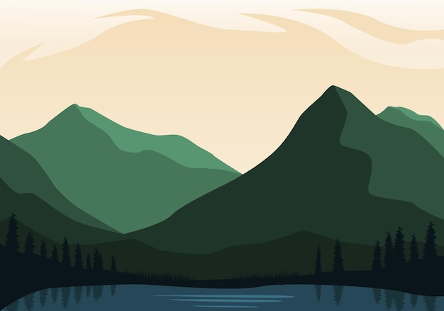 Paisaje de naturaleza vectorial con colinas de río y vistas al bosque