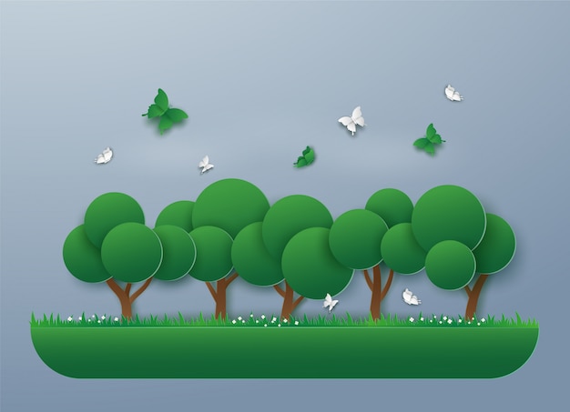 Paisaje de naturaleza verde con eco energía y medio ambiente, árboles y mariposas. Diseño de arte de ilustración vectorial en estilo de corte de papel.