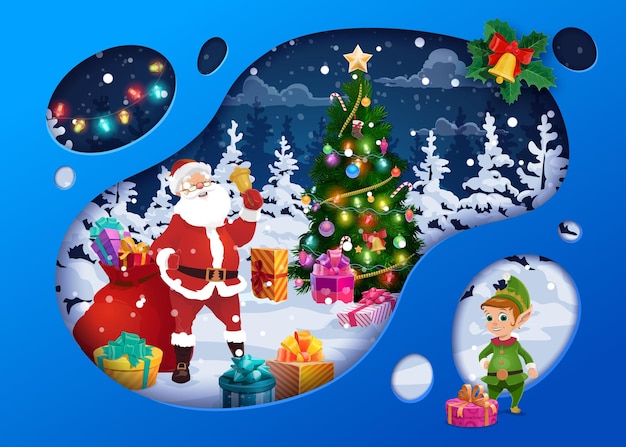 Paisaje navideño cortado en papel con regalos en la nieve santa con campana y elfo vector noel y gnomo cerca de un pino navideño decorado en madera nocturna tarjeta de efecto en capas 3d con divertidos personajes navideños