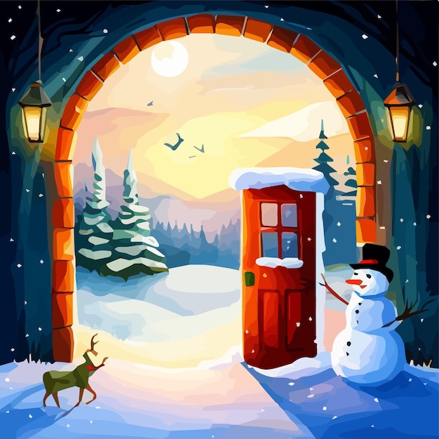 Paisaje navideño con puertas abiertas cubiertas por abetos de nieve y muñecos de nieve ilustración vectorial de dibujos animados