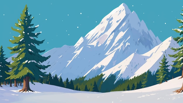 Vector paisaje nevado de montaña con árboles de pino ilustración de pintura dibujada a mano
