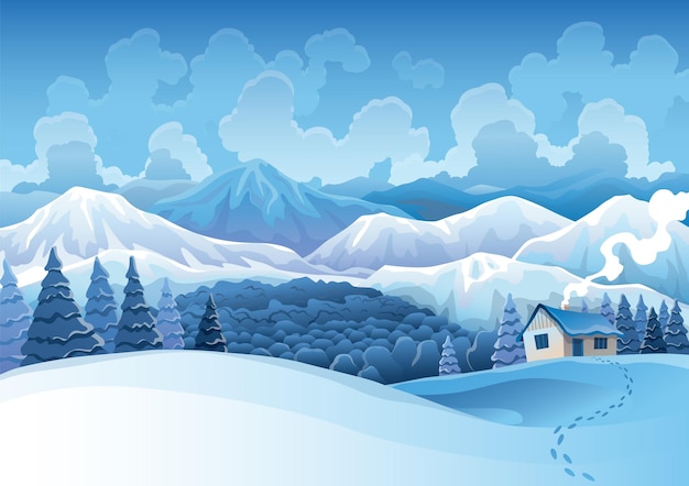Paisaje nevado de las montañas de invierno con bosque de pinos y colinas en el fondo.