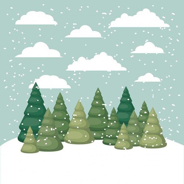 paisaje de nieve con la escena del bosque de pinos