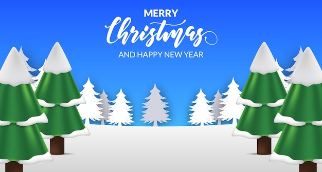 Paisaje de nieve con ilustración de abeto pino para feliz navidad y feliz año nuevo tarjeta de felicitación