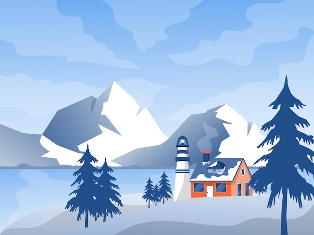 Paisaje de nieve de invierno plano de una casa nevando con fondo de montañas