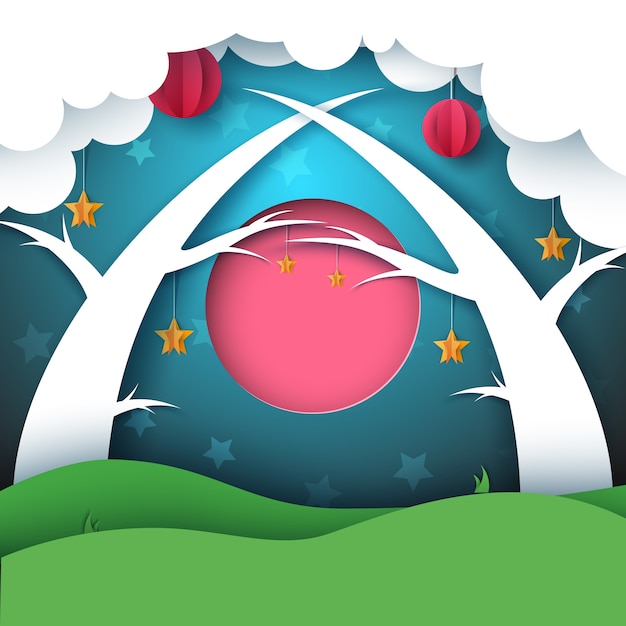 Paisaje de noche de bosque de papel de dibujos animados