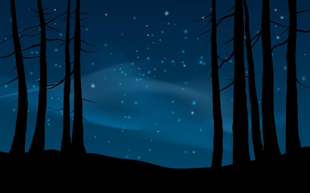 Vector paisaje nocturno de bosque con cielo estrellado.