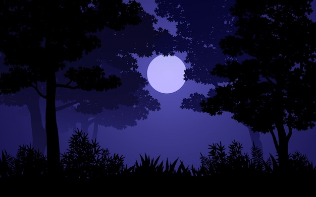 Vector paisaje nocturno de bosque con luz de luna