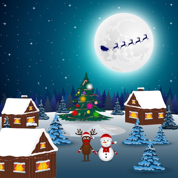 Paisaje nocturno del bosque navideño Santa Claus vuela renos en el fondo de la luna