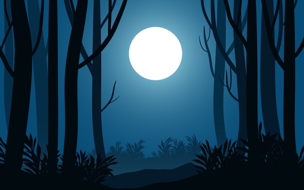 Vector paisaje nocturno en bosque con silueta de árbol y luna llena