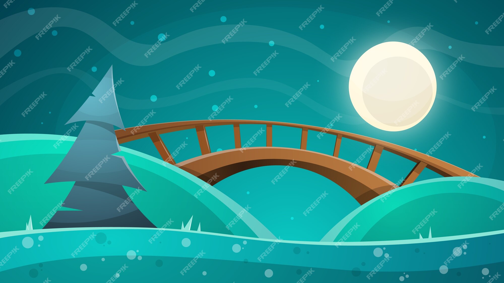 Paisaje nocturno de dibujos animados. luna, puente, abeto, cielo ilustración | Vector Premium Paisaje nocturno de dibujos animados. luna, puente, abeto, cielo ilustración | Vector Premium