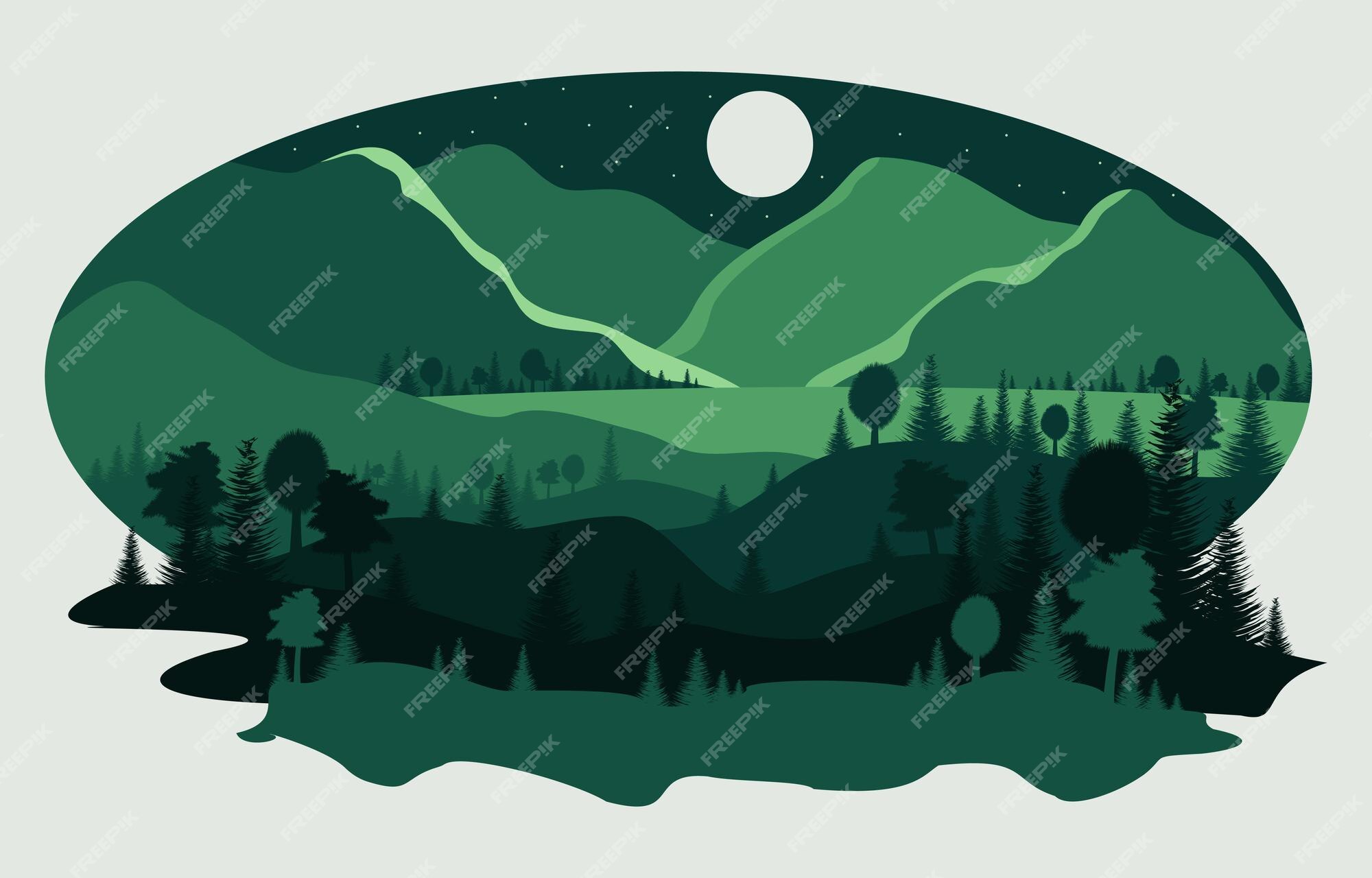 Paisaje nocturno de dibujos animados con montañas y bosques. | Vector Premium Paisaje nocturno de dibujos animados con montañas y bosques. | Vector Premium